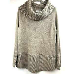 Calvin Klein Women's Sweater M Curved Hem Brown Tan Knit Stretch Pullover Turtle